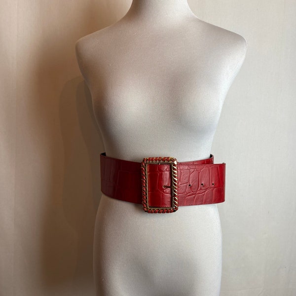 80’s Extra Wide Red perforated dress belt Croc look New wave Goth rocker retro 1980’s Women’s statement corset style belts size M