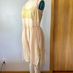 1920’s all Silk & lace step-in slip nighty~ undergarment Romper style  neglige~ antique teddy~20’s lingerie pale peachy-pink/ size SM