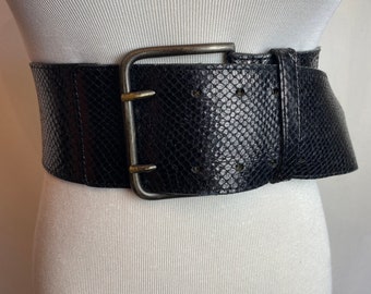 80’s Extra Wide black snakeskin dress belt sleek supple double tooth New wave Goth rocker 1980’s Women’s corset/statement belts size M