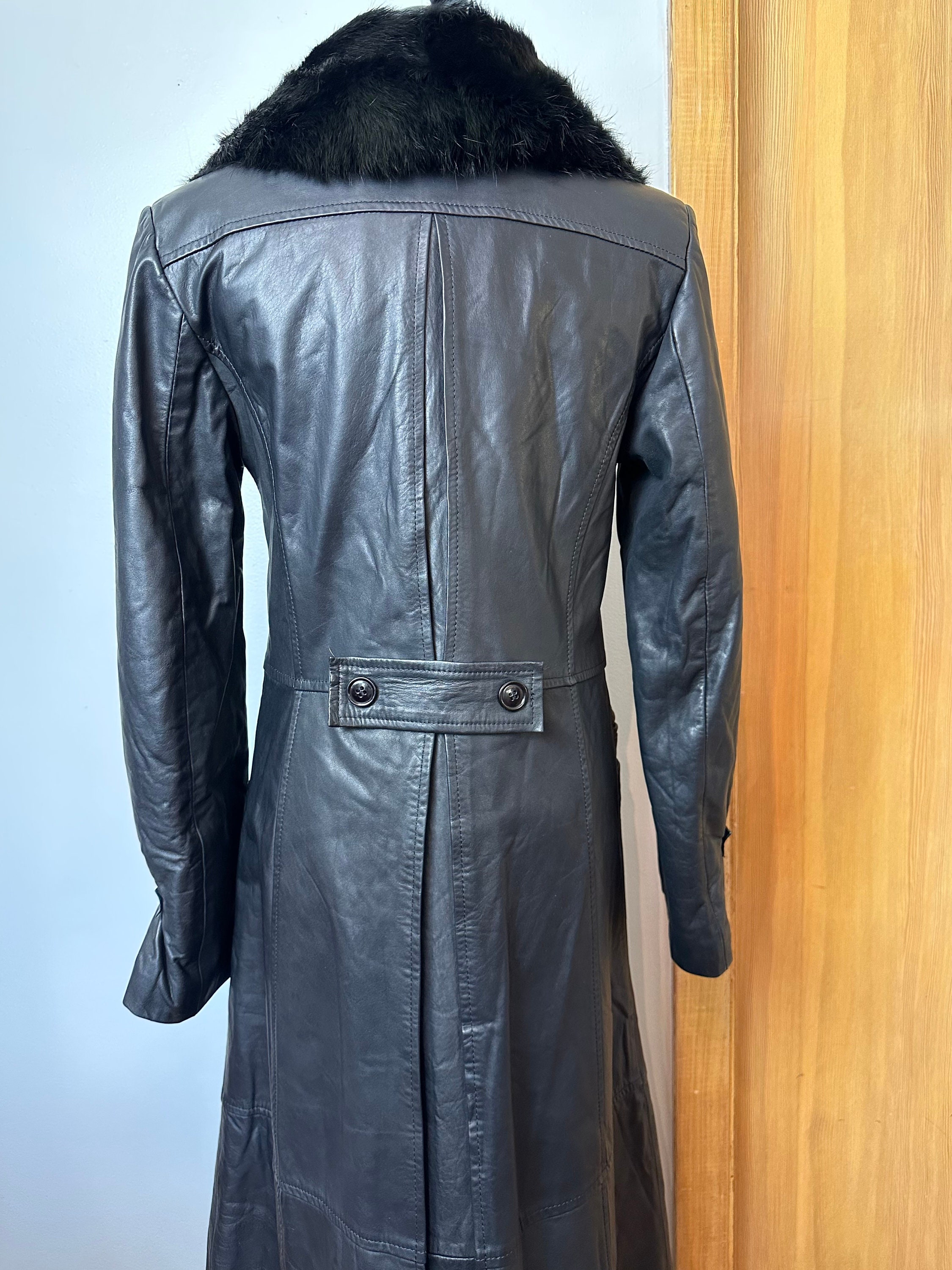 70's Black Leather Coat~ Full Length Long Fitted Overcoat