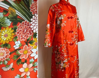 60’s Orange floral print cheongsam jacket~ kimono style boho duster with large pockets~ 1960’s retro