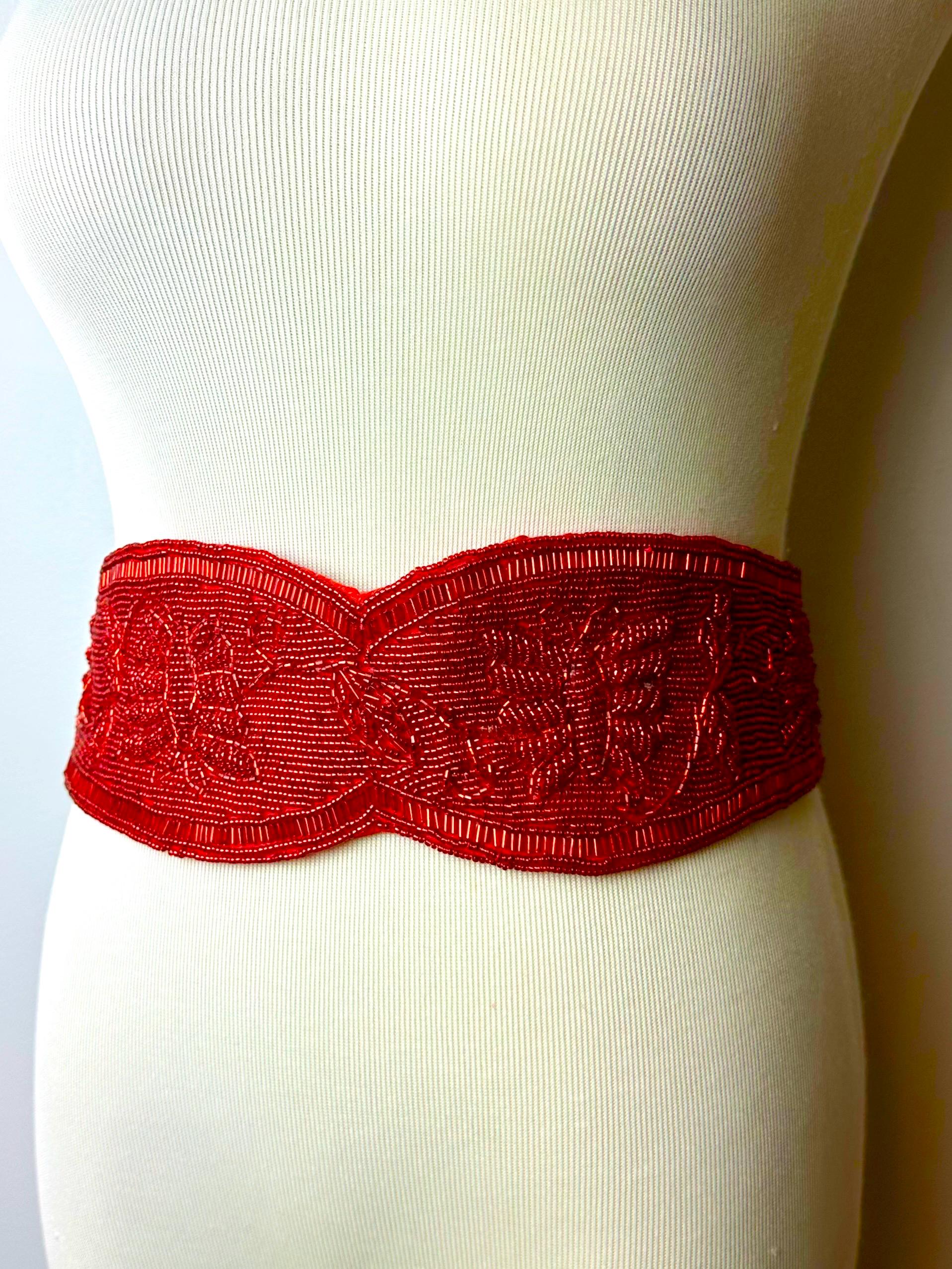 VTg Red beaded wide cincher style belt~ Holiday vibes~ Dressy belts~ glass beads sparkly butterflies or floral~1970’s boho / 28”-30” waist