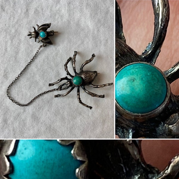 Vintage Sterling silver Native spider & fly collar pin~ Rockabilly Gothic vibes Insect