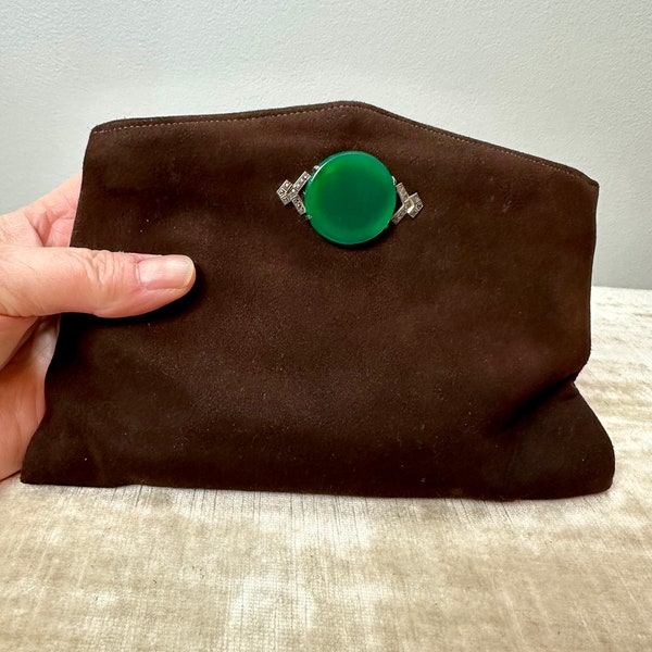 VTG rare 1930’s buttery soft suede clutch purse Art deco design~ chocolate brown emerald -jade green cabochon glass gem marcasite
