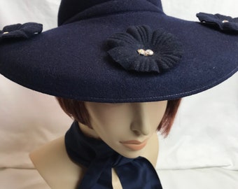 40’s wide brim hat navy blue felt~ pinup style ww 2 era felted rhinestone flowers back strap large women’s fedora 1940’s old Hollywood