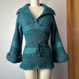 Vintage 70s wool knit sweater snug fit shawl collar teal green nubby wooly plaid belted waist cuffed belled sleeves Size Small image 1