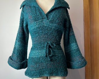 Vintage 70’s wool knit sweater~ snug fit shawl collar~ teal green~ nubby wooly plaid~ belted waist~ cuffed belled sleeves~ Size Small