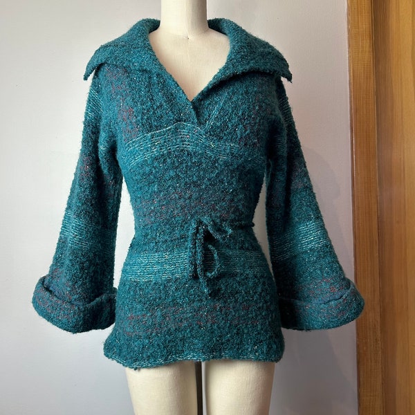 Vintage 70’s wool knit sweater~ snug fit shawl collar~ teal green~ nubby wooly plaid~ belted waist~ cuffed belled sleeves~ Size Small