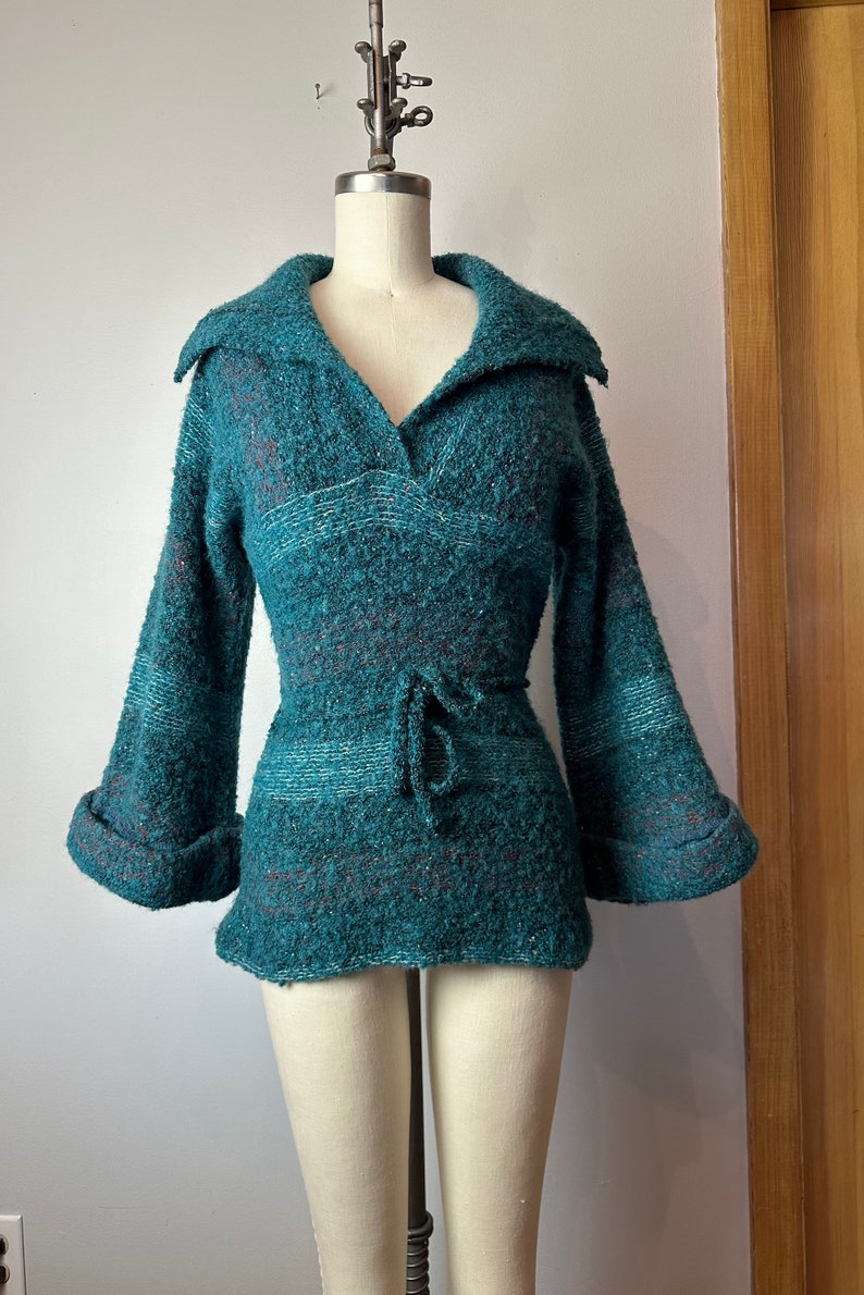 Vintage 70s wool knit sweater snug fit shawl collar teal green nubby wooly plaid belted waist cuffed belled sleeves Size Small image 1