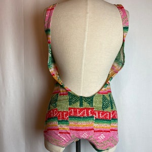 60s 70s boho hippie swimsuit one piece Sexy jersey knit pink & green print bathing suit groovy retro pattern size 6ish Medium image 9