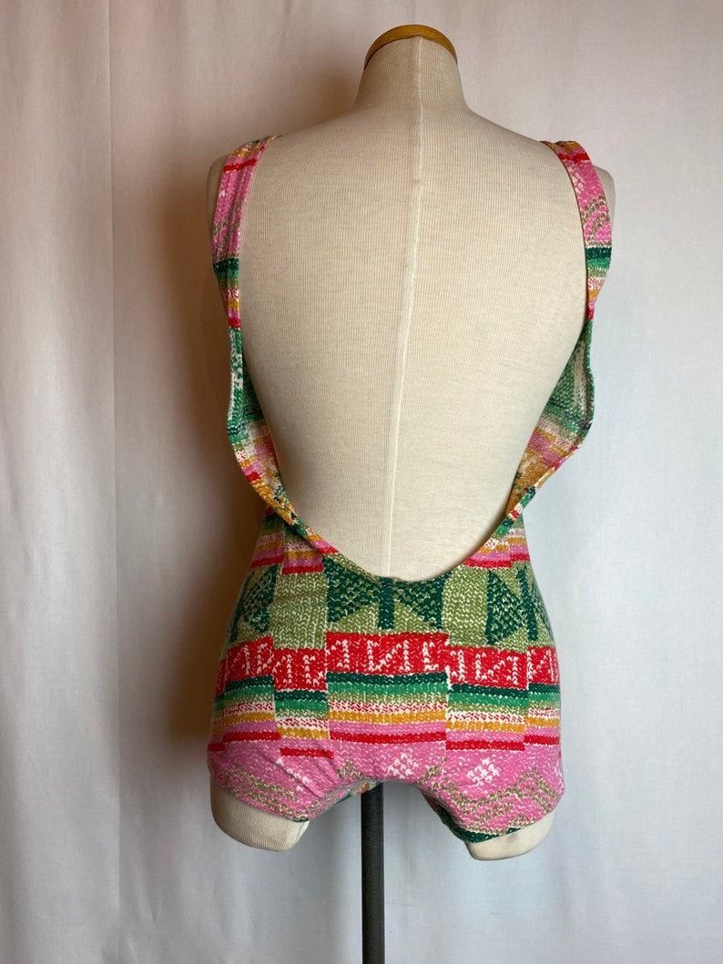 60s 70s boho hippie swimsuit one piece Sexy jersey knit pink & green print bathing suit groovy retro pattern size 6ish Medium image 9