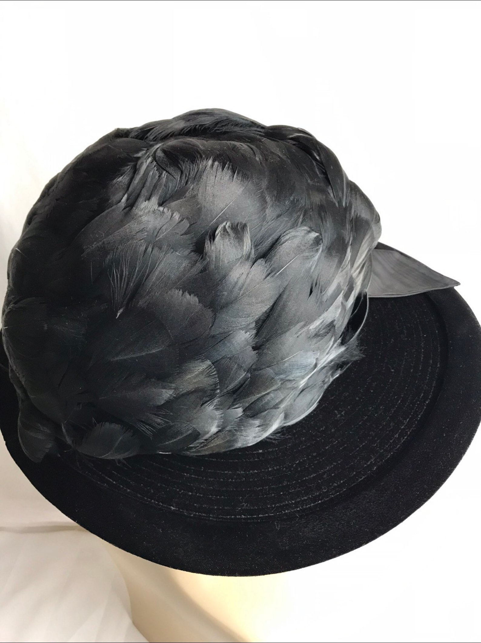 Vintage large full feather hat large brim black velvet silky Etsy