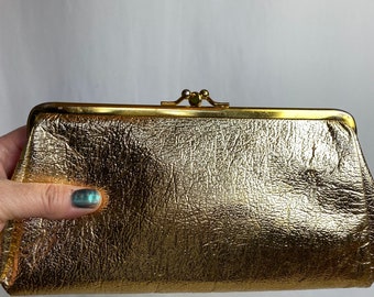 60’s shiny bright gold clutch purse~ strapless handbag~ Mod retro glam evening bag pleather sleek 1960s