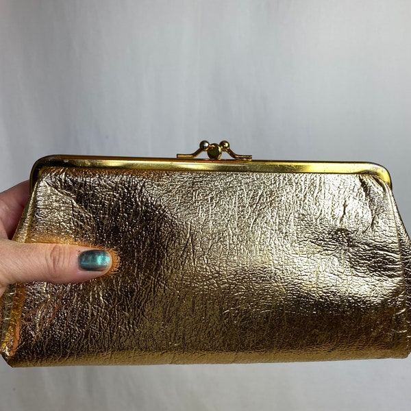 60’s shiny bright gold clutch purse~ strapless handbag~ Mod retro glam evening bag pleather sleek 1960s