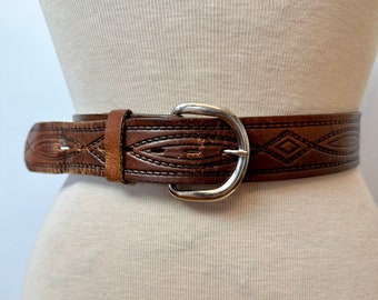 60’s- 70’s tooled leather belt with snap on/off buckle~ brown leather~ unisex rocker western~ Classic men’s semi wide belt / size LG 38