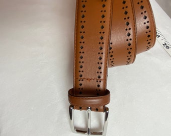 Men’s stylish leather belt~ made in Italy medium brown perforated design long thin dress belt size 36 XLG 34”-38” waist