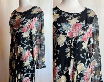 90’s rayon dress floral print long fluted corseted cinch tie waist 20’s-30’s inspired ~ sheer layered / size small