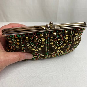 VTG 60s studded corduroy pouch small card holder accessories case brown cotton cord gold studs & beads beaded image 5