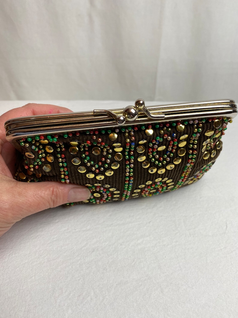 VTG 60s studded corduroy pouch small card holder accessories case brown cotton cord gold studs & beads beaded image 5