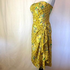 Vintage 1940s 50s Hawaiian novelty print sarong style strapless sundress pinup true vtg 100% silk bombshell dress ruching island hula image 2