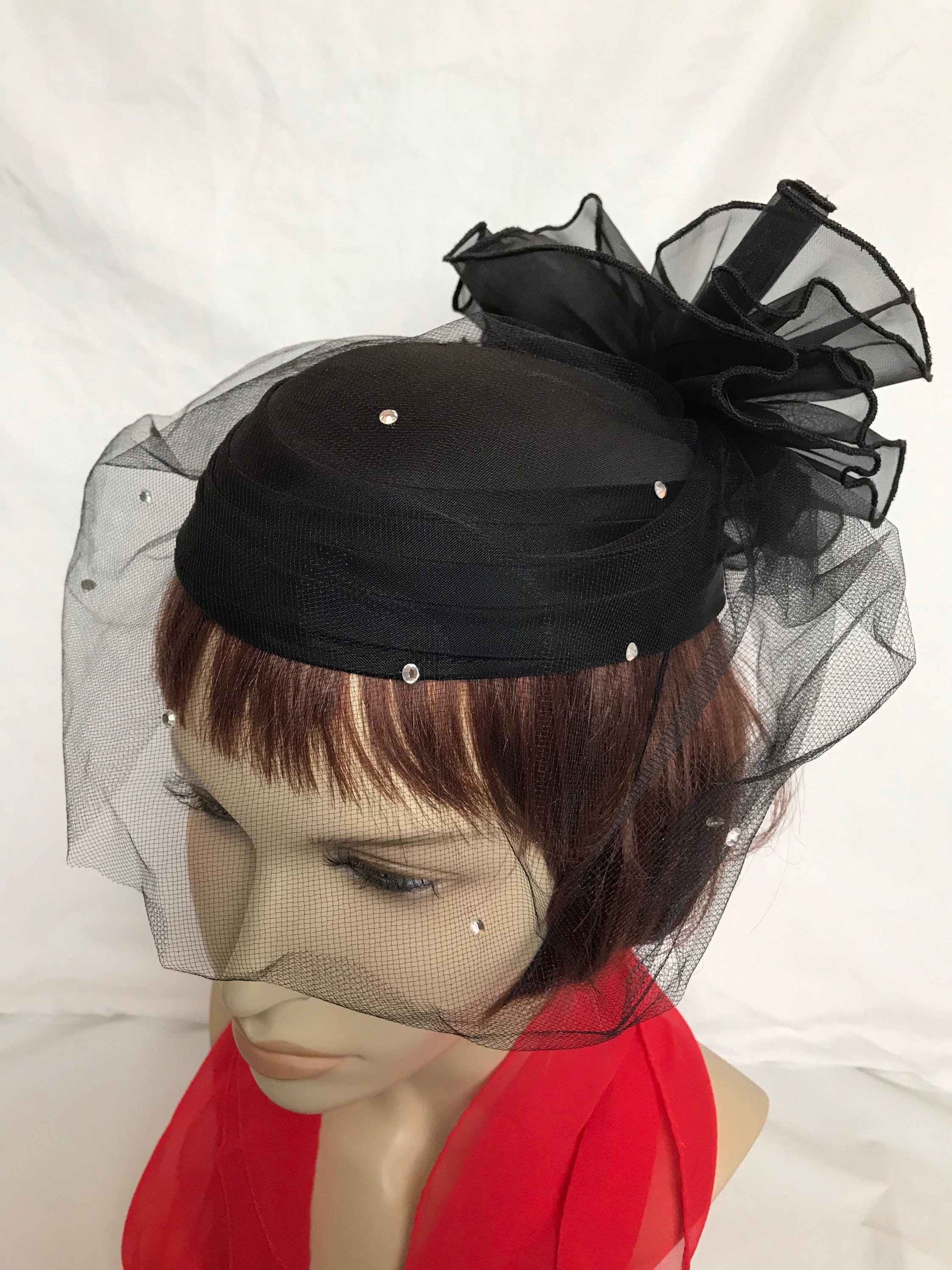80s Black Netted Veiled Hat: Sparkle Gothic Glam Fascinator  display picture 1