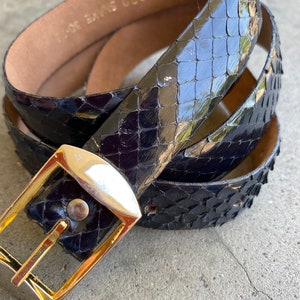 90’s Vintage Lucienne snakeskin skinny belt~ black thin glossy~shiny gold buckle~ women’s vintage belts~ France~ size Med 30”