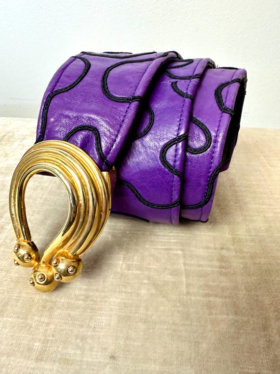 Vintage 80s Purple Leather Belt: Wide Glam Rock Gold Buckle 