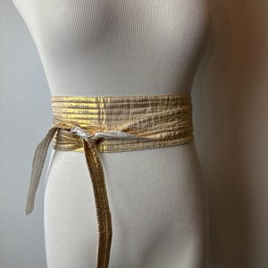 Vintage sash belts 70’s 80’s Shiny Silver & Gold wrap belt ~2 Tone Wide wrapping style Silk  and Cotton Boho trend/ Size SM up to 30”  waist