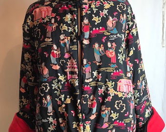 90’s cheongsam rayon jacket~ frog closures ~ black asian print w Red~ reversible coat~ soft jersey inside~ Nehru collar size medium