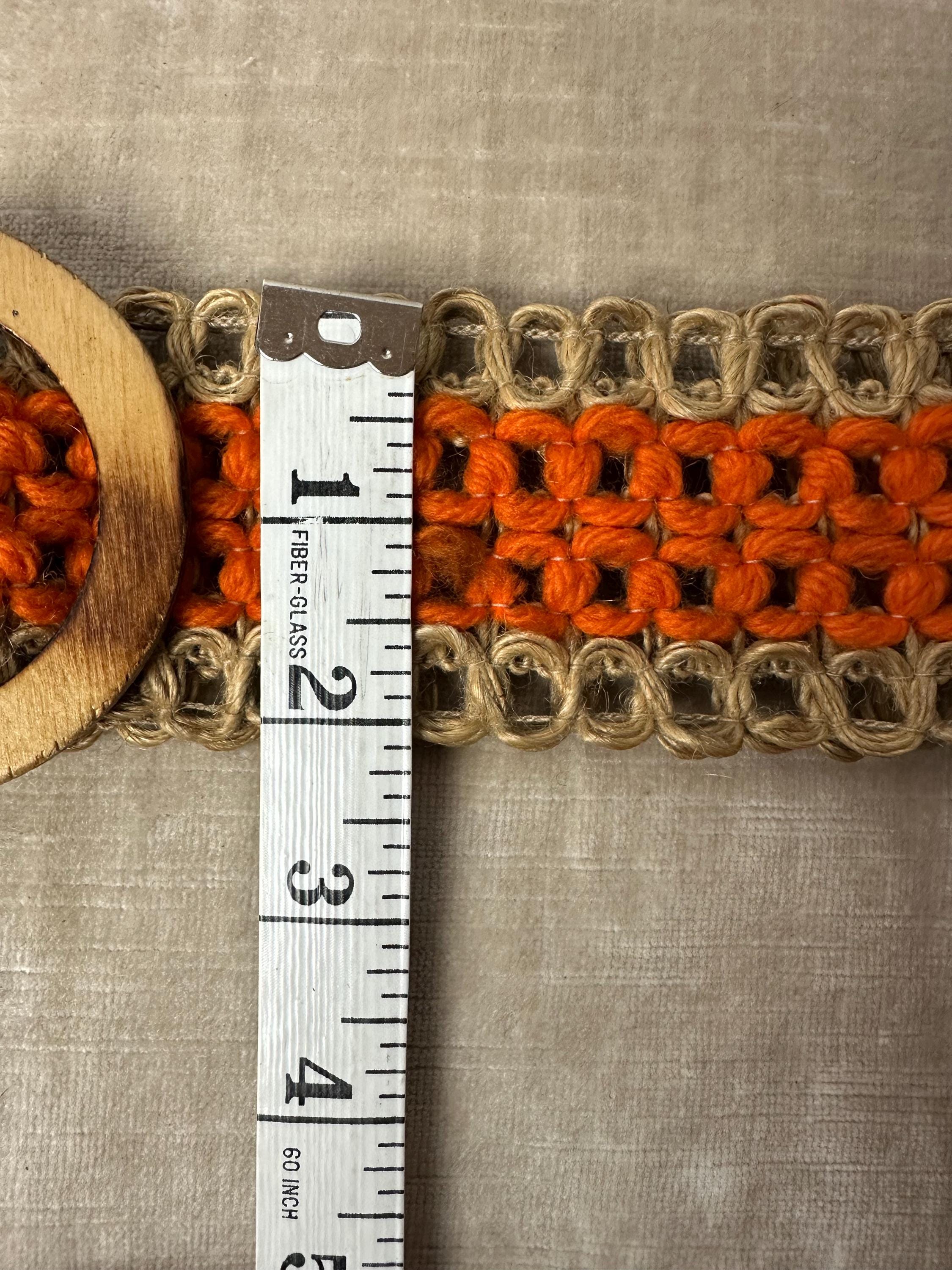 70s Macrame Woven Belt: Orange Jute Twine, Wooden Buckle 