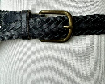 90s Braided Black Leather Belt: Boho Woven Trouser Belt  display picture 1