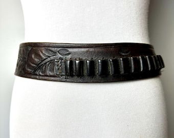 Vintage Black tooled leather Holster  bullet belt~ wide heavy rugged belt with ornate stamped tooling detail~ Western Cowboy size 33”-37” L