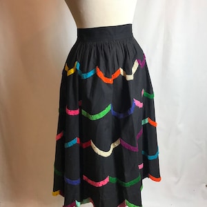 50s cotton patio skirt fit & flare pinup rockabilly Rainbow embroidery embroidered colorful black Teresa Original Taxco 26 waist image 1