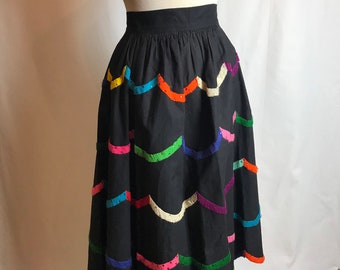 50’s cotton patio skirt~ fit & flare pinup rockabilly ~ Rainbow embroidery embroidered colorful black Teresa Original Taxco 26” waist