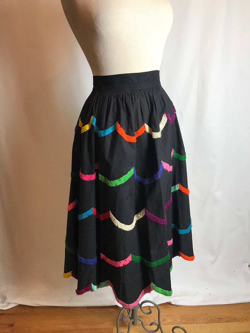 50s cotton patio skirt fit & flare pinup rockabilly Rainbow embroidery embroidered colorful black Teresa Original Taxco 26 waist image 1