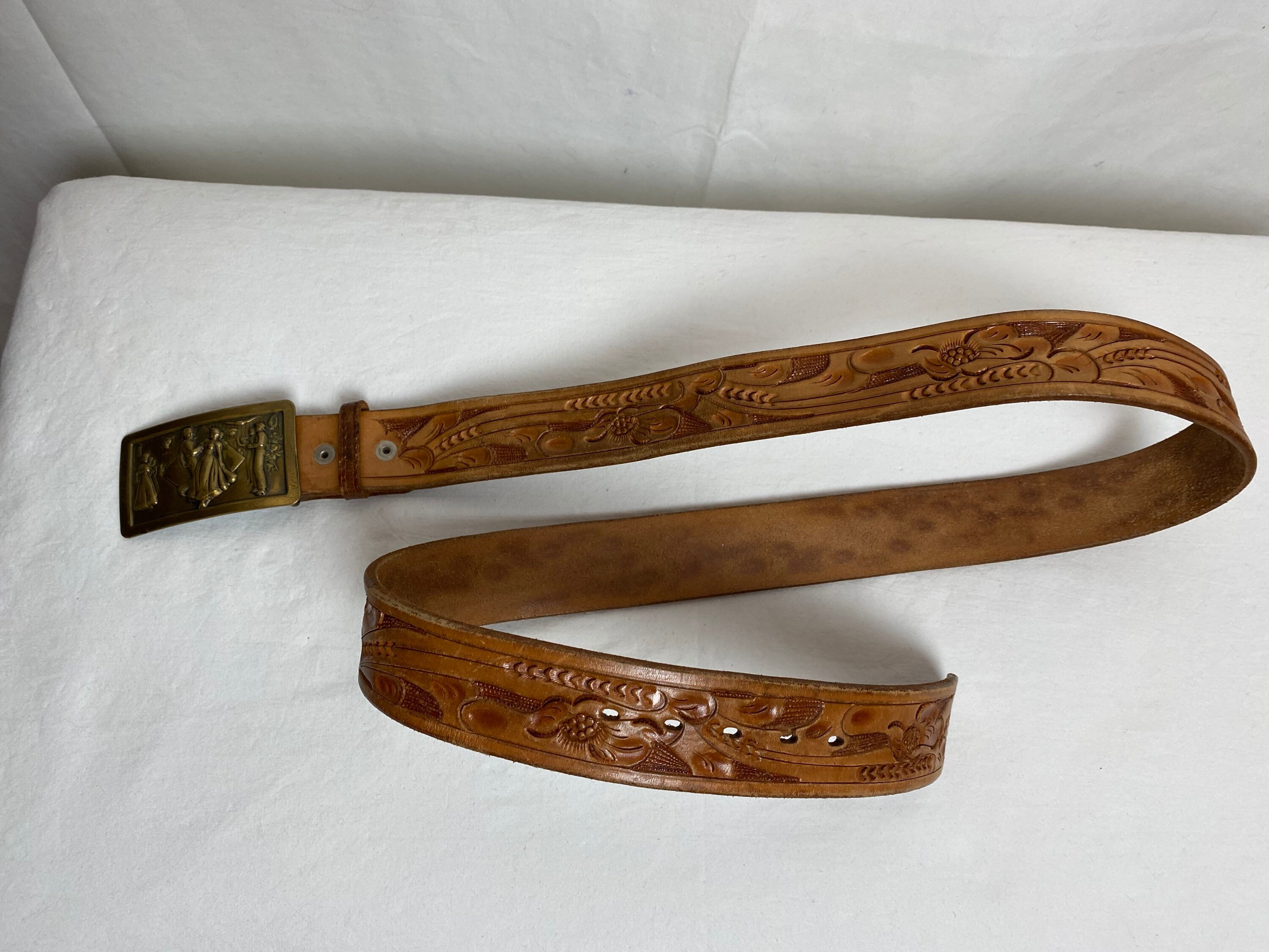 Vintage Western Belt & Buckle ~square Dancing Tooled Leather 