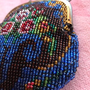 Jewel tone micro beaded wristlet purse 1900s-1920s era. Lovely floral design intricate design pattern enamel chain image 2