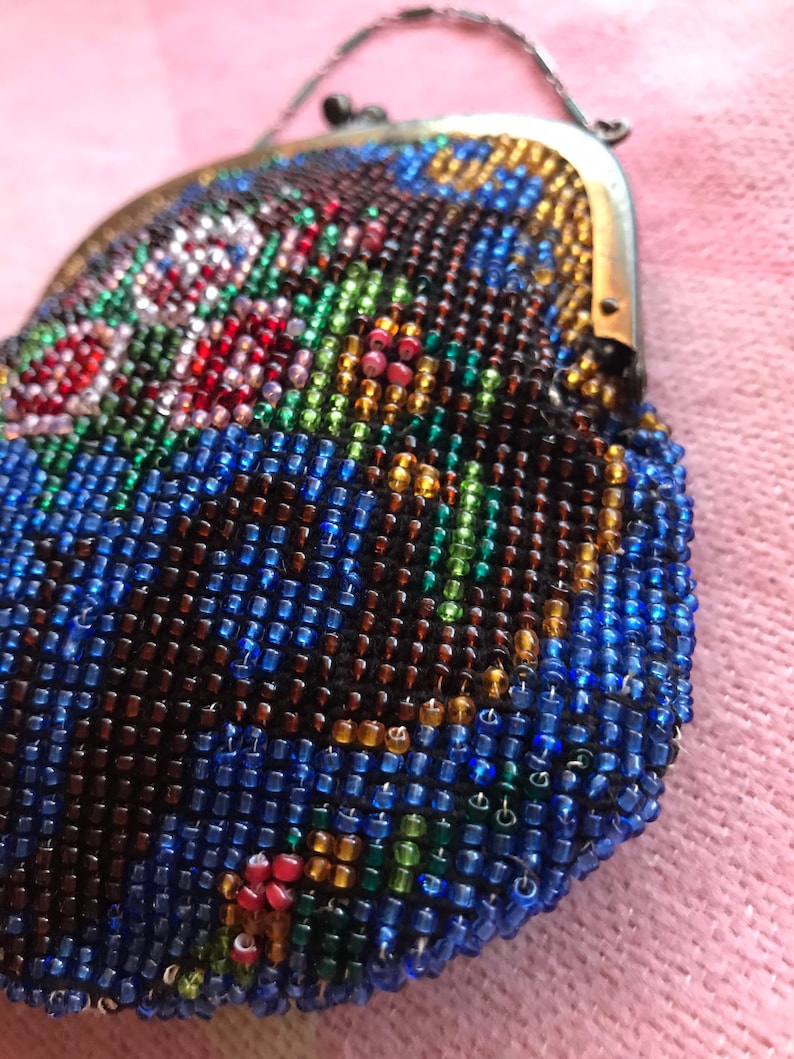 Jewel tone micro beaded wristlet purse 1900s-1920s era. Lovely floral design intricate design pattern enamel chain image 2