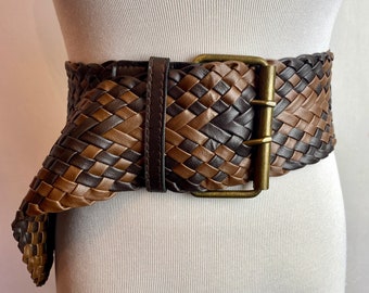 80’s Extra Wide braided brown leather dress belt New wave rocker boho 1980’s woven vinyl Women’s statement corset /size MED-XL open