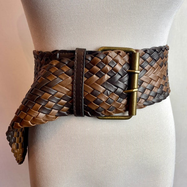 80’s Extra Wide braided brown leather dress belt New wave rocker boho 1980’s woven vinyl Women’s statement corset /size MED-XL open