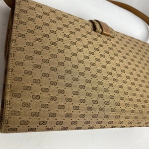 Gucci purse 1970s 80s Shoulder bag leather & cloth VTG monogram handbag Made in Italy slim petite slender rectangular Micro GG print image 5
