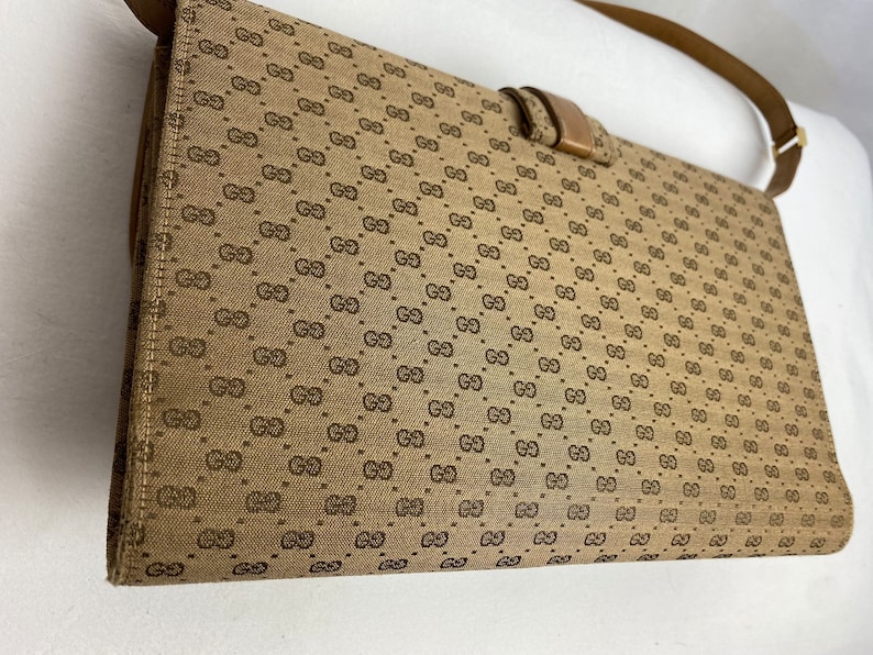 Gucci purse 1970s 80s Shoulder bag leather & cloth VTG monogram handbag Made in Italy slim petite slender rectangular Micro GG print image 5