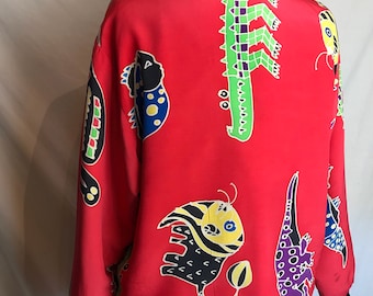 80’s 100% Silk reversible tour jacket oversized lightweight colorful abstract boxy style animal print Batik tiedye design textile art M/L