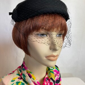 50s 60s black netted hat Veiled netting felt wool dressy mini hats fascinator MCM mod pinup vintage fashions size 22 image 1