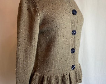 Vintage hand made knit sweater top~ tunic~ neutral tones~ beige/ grey ruffles boho timeless cottage core size Small