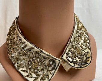 50’s vintage beaded collar~ silver tone India metal thread pearly beads satin sweater collar retro pinup satin accessory