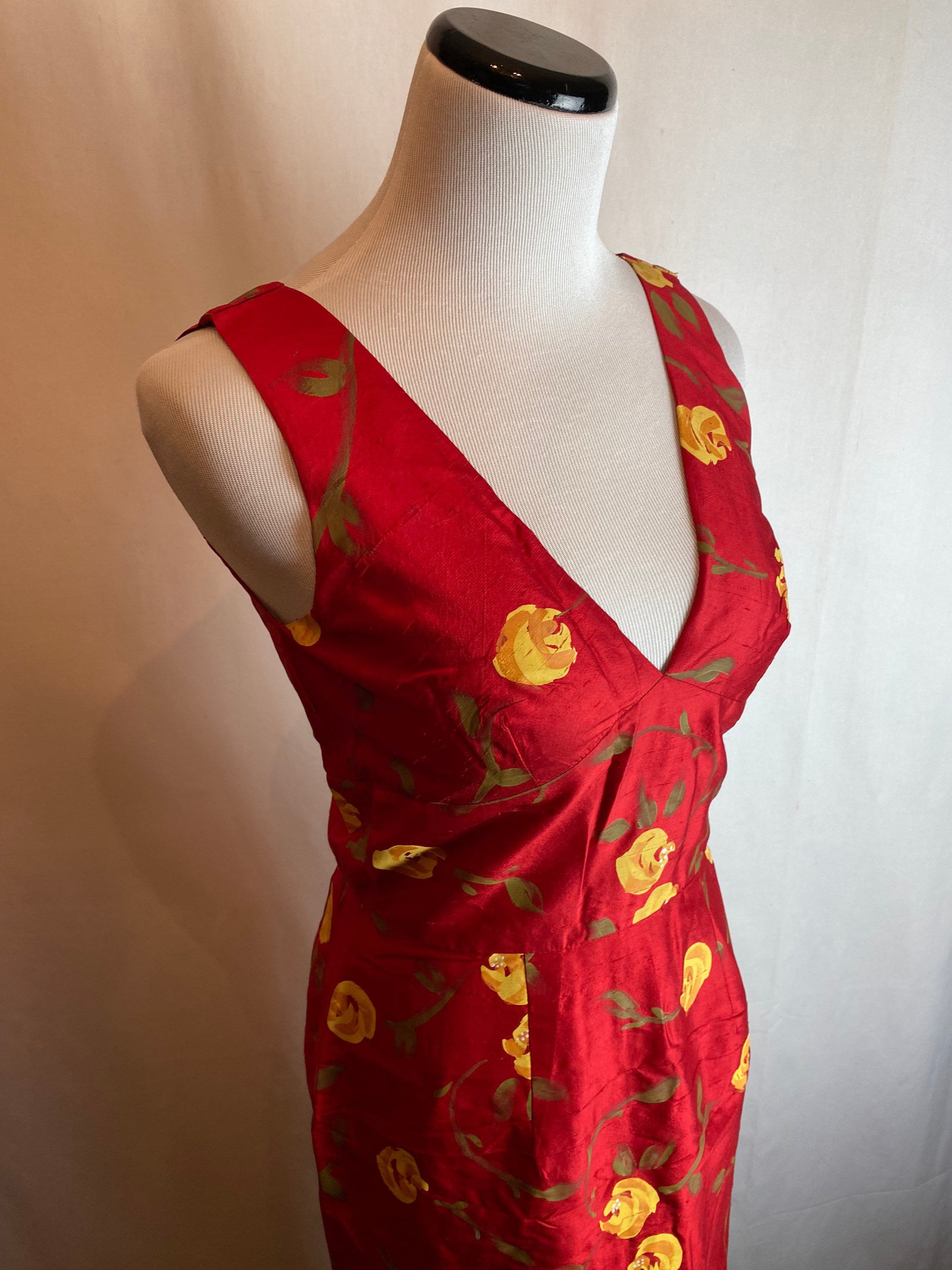 Corey Lynn Calter Dress Hand Painted Shantung 100% Silk Floral Fitted Red  Bombshell Wiggle Knee Length Deep V Neck Ooak Size Small - Etsy