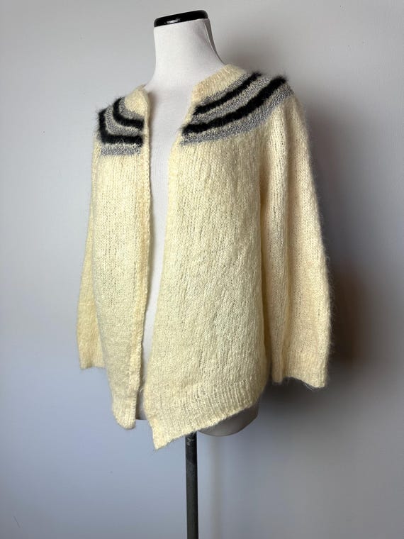 60s Mohair Cardigan: Angora Stripe, Open Front, Retro Mod Style