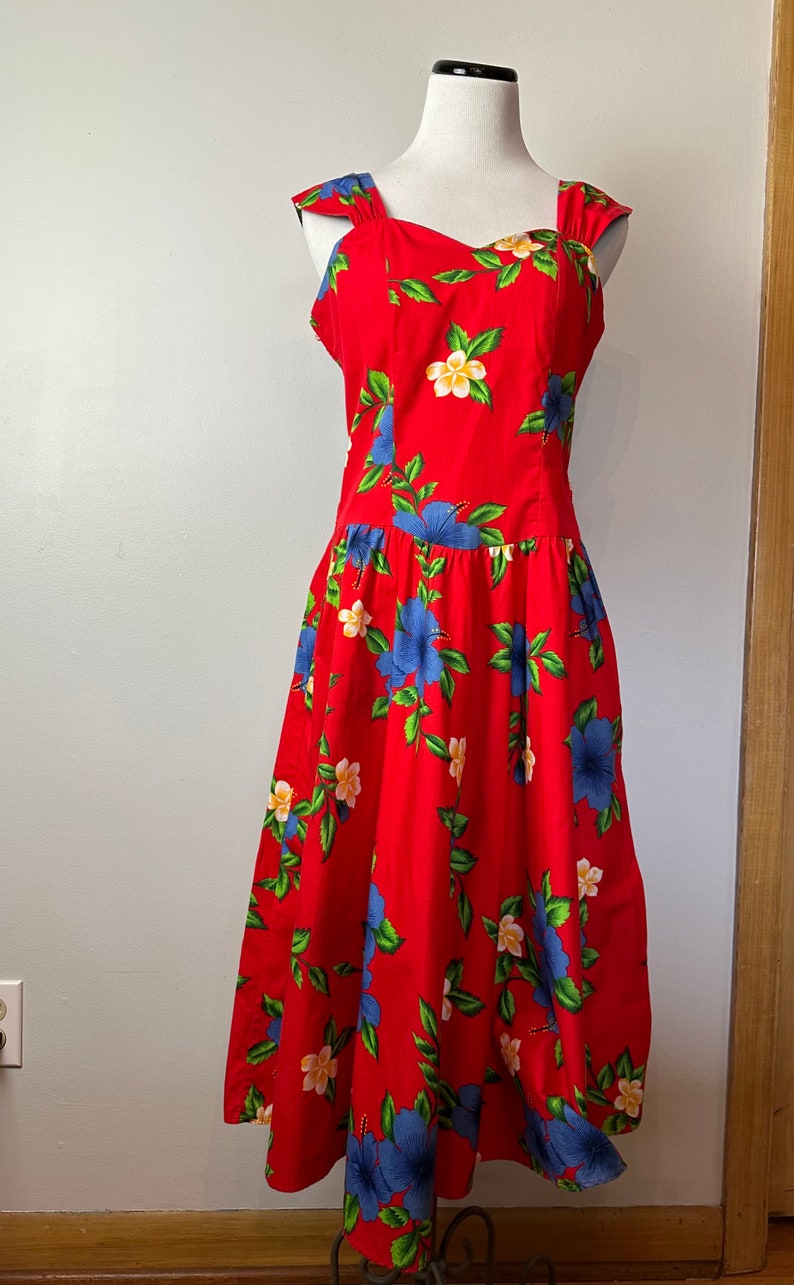 robe hawaïenne vintage des années 80 décolleté en coeur coupe & flare robe d'été rouge floral tropical vif/taille Med-LG image 6