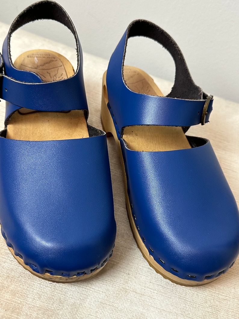 Bright blue Girls leather clogs timeless wooden clogs sandals buckle strap wedges boho style youth size 35 image 4